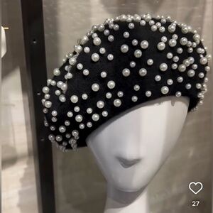 KOKIN Pearly Wool Felt Black Beret with Pearl Embellishments